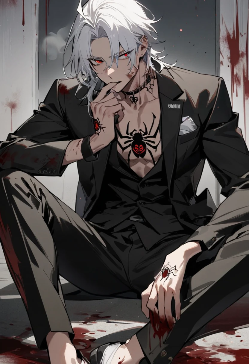 1 Boy , white hair , red eyes , Has a spider tattoo on his neck. , smoking , Bad Boy , wearing a black suit , injury , Masterpiece , best quality ,bloodstain , Handsomeness , Good skin , nonsense , cool , Has Alpha label , sit ,