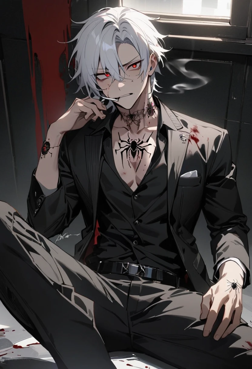 1 Boy , white hair , red eyes , Has a spider tattoo on his neck. , smoking , Bad Boy , wearing a black suit , injury , Masterpiece , best quality ,bloodstain , Handsomeness , Good skin , nonsense , cool , Has Alpha label , sit ,