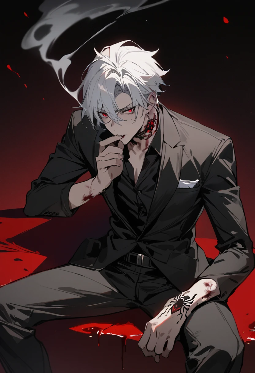 1 Boy , white hair , red eyes , Has a spider tattoo on his neck. , smoking , Bad Boy  , wearing a black suit ,  injury , Masterpiece , best quality ,bloodstain , Handsomeness , Good skin , nonsense , cool , Has Alpha label , sit , 