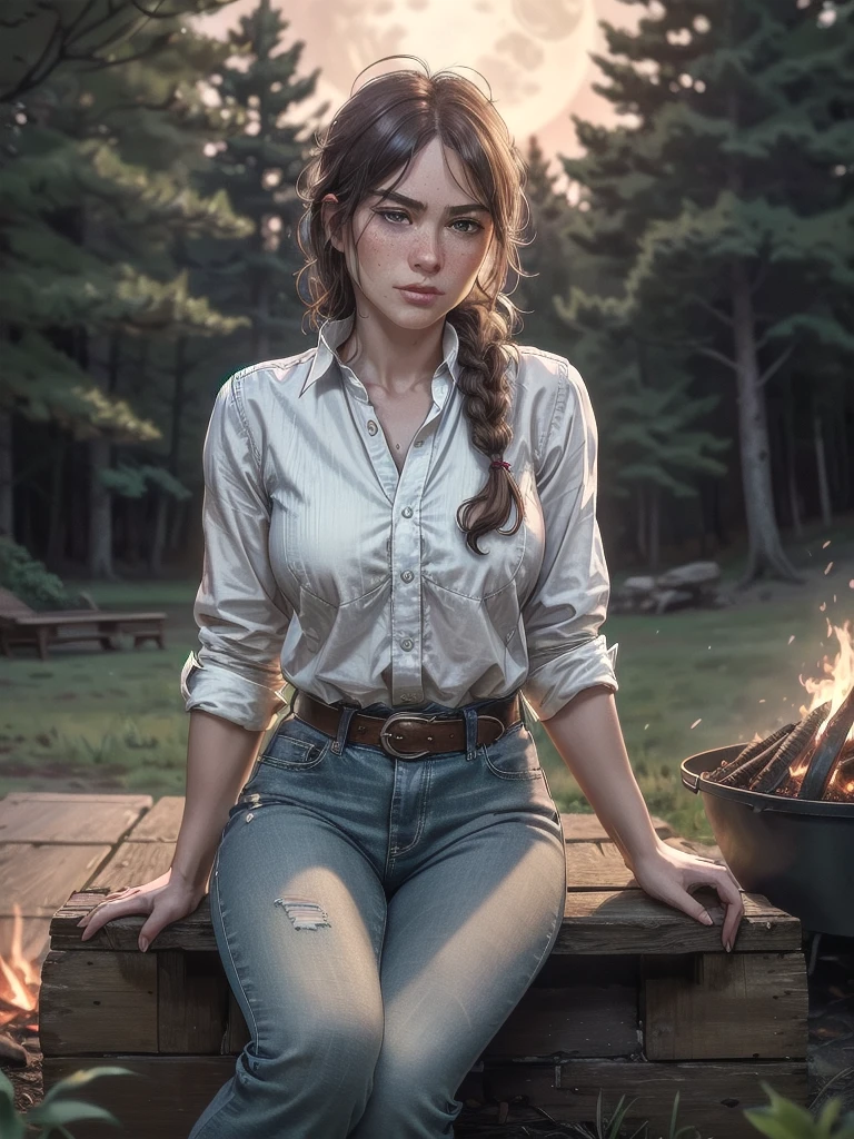 cineminic film still (8k, RAW Photos, 最high quality, masterpiece:1.2),Very detailed, (細部まinこだわった肌:1.2), 8K Ultra HD, Digital SLR, Soft lighting, high quality, rdr2sadie, 1人of女of子, freckles, Braiding, shirt, cowboy hin, Long Hair, Looking in viewer, tight_jeans, cowboy_boots, white shirt, Outdoor, night, performer, full_moon, Sitting_Outdoor, in_campfire, fire, Looking_Down_in_of_inflammation, (black_leinher_Duster_coin) . Shallow depth of field, Vignette, Very detailed, High budget, Bokeh, CinemaScope, Sulky, amazing, nice, Film Grain, granular
