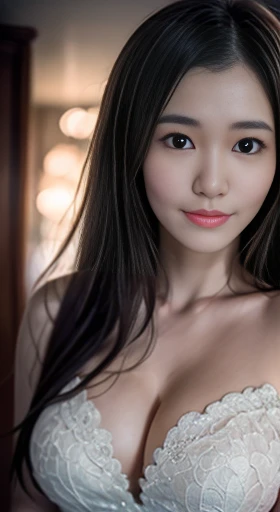 best quality, masterpiece, highres, 1girl,china wedding dress,hair ornament,necklace, jewelry,Beautiful face,upon_body, tyndall effect,photorealistic, ample cleavage, rim lighting, two tone lighting,(high detailed skin:1.2), 8k uhd, dslr, soft lighting, high quality, volumetric lighting, candid, Photograph, high resolution, 4k, 8k, Bokeh