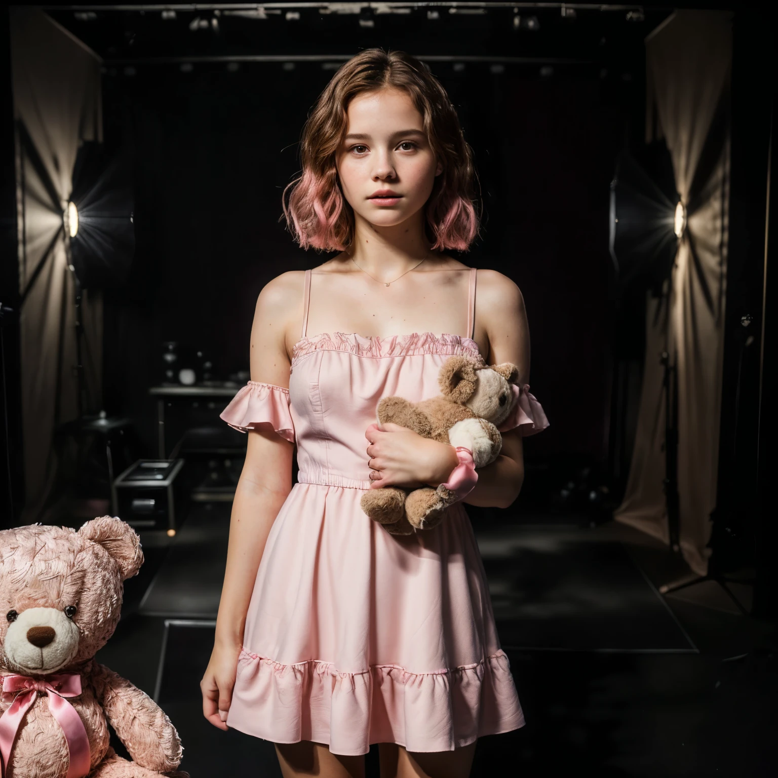 (best quality, 8k, high-res, masterpiece:1.2),ultra-detailed,(photo-realistic:1.37), ((best quality)), ((masterpiece)), (detailed), ((perfect face)), ((pretty Cailee Spaeny), ((ultra-short pink mini dress)), ((in an eerie dark room with intense studio lighting)), ((holding a teddy bear)),