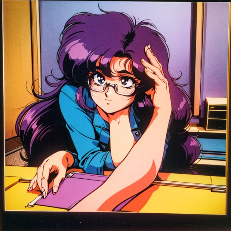 80s (Style), Retro artstyle, masterpiece, Girl, long purple hair, nuse coat, rectangle glasses, in a room, checking clipboard, longshot
