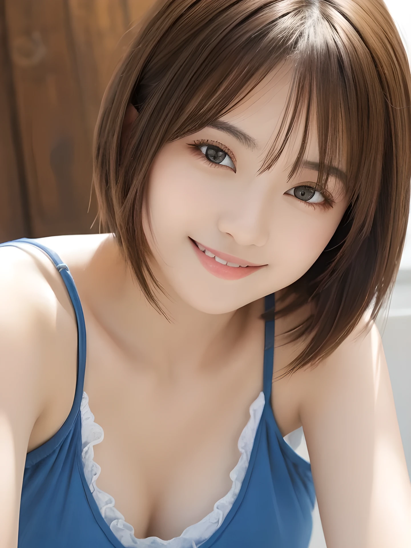 masterpiece, highest quality, High resolution, table top、wallpaper, realistic, bright lighting, professional lighting, face light, smooth lighting, japanese girl, cute,  smile, Beautiful girl, gravure, sexy, super beautiful, beautiful skin, beautiful and detailed eyes、detailed face、slim、moderately、short hair, brunette colored hair, brown eyes, look at the camera, Tank top, clear sky