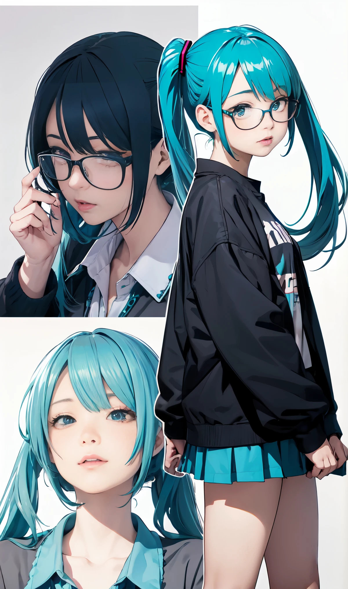 Hatsune Miku、ponytail、Gradient Color Hair、Tying up hair、Multicolored Hair、Cut the sheet、squint、three views, front and Back and sides,Three Views, front, Back and sideessy Hair、Blunt bangs cut、Pleated skirt、Black Shirt、Striped Hair、Messy Hair、Sloppy、squint、Drunk、( fool / Sexual Ecstasy)、Glasses、highest quality, Realistic, Super delicate illustration, Beautiful and attractive anime girl, Slender body, Tied Hair, One Girl, Girl Photos, Full Body Shot, Beautiful Blue Eyes, looked back,