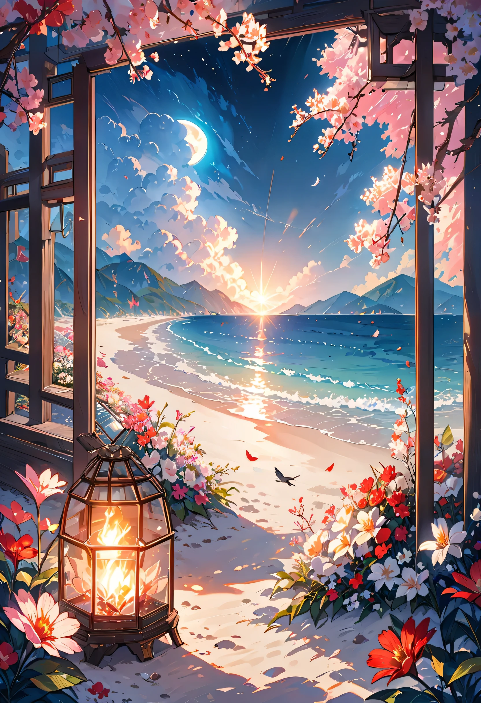 city, Flowers, A delicate scene, null, Baiyun, The sun shines on the white beach. bird, pink Flowers and bright big shells, Diamond Crystal, At the Beach, Fantasy, night null, moon, to smoke, fire, photograph, High resolution, 8k, UHigh resolution, Very detailed, high quality, 1080p  