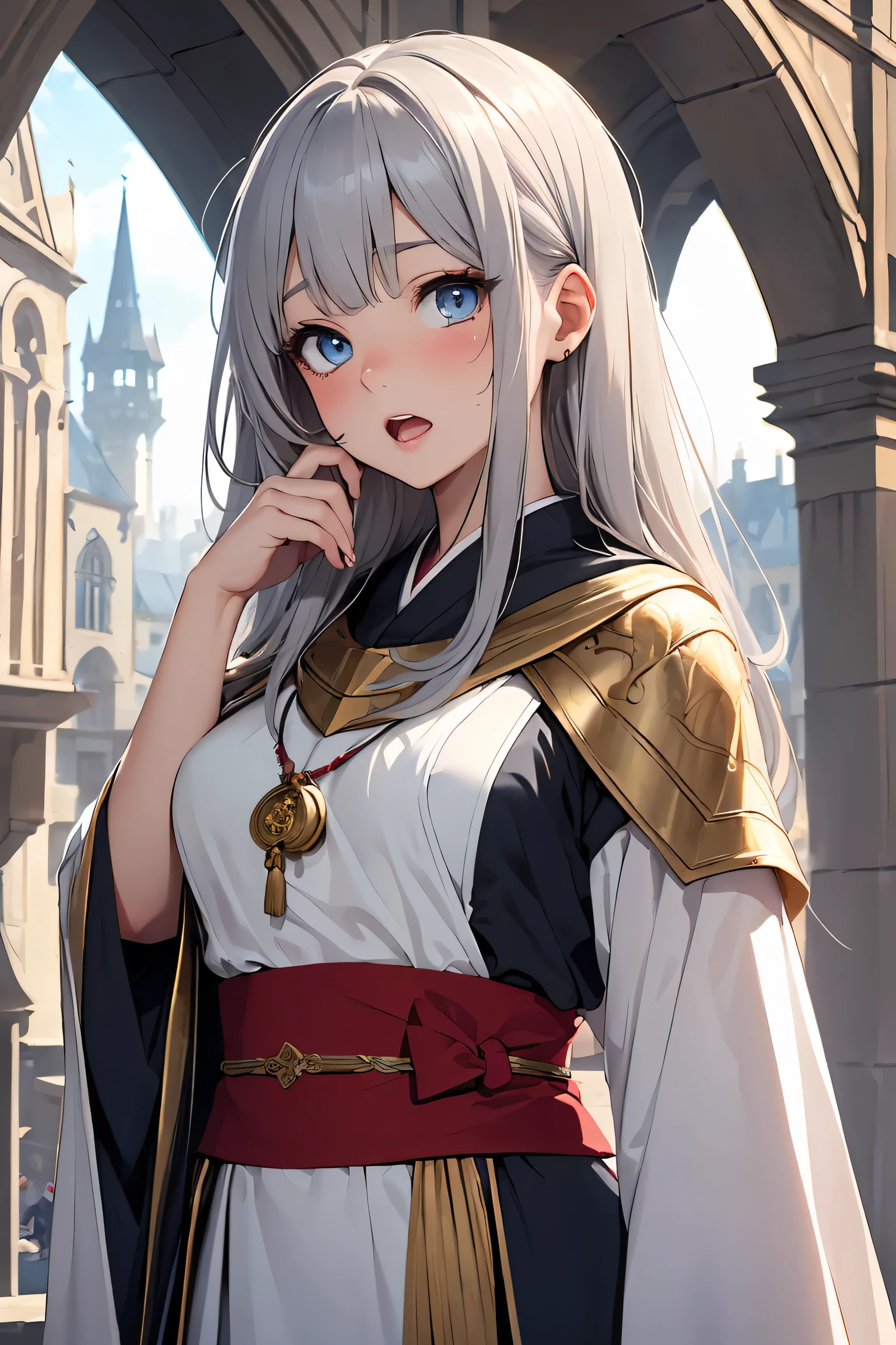 ((masterpiece)), ((best quality)), (ultra-detailed), ((kawaii)), cute, ((lovely)), ((extremely detailed)), 4K, (8K), best quality, (beautiful), illustration, overall bird’s eye view:1.3, body shot, dynamic angle, looking away, (hand up:1.3), a cute girl, 1girl, solo, japanese, (middle ages wizard:1.3), (middle ages wizard costume:1.3), (beautiful gray hair:1.3), (semi long hair), ((beautiful hair)), tareme:1.5, beautiful blue eyes, ((beautiful eyes)), white teeth, (surprised), blush, (roman architecture), (palace), 