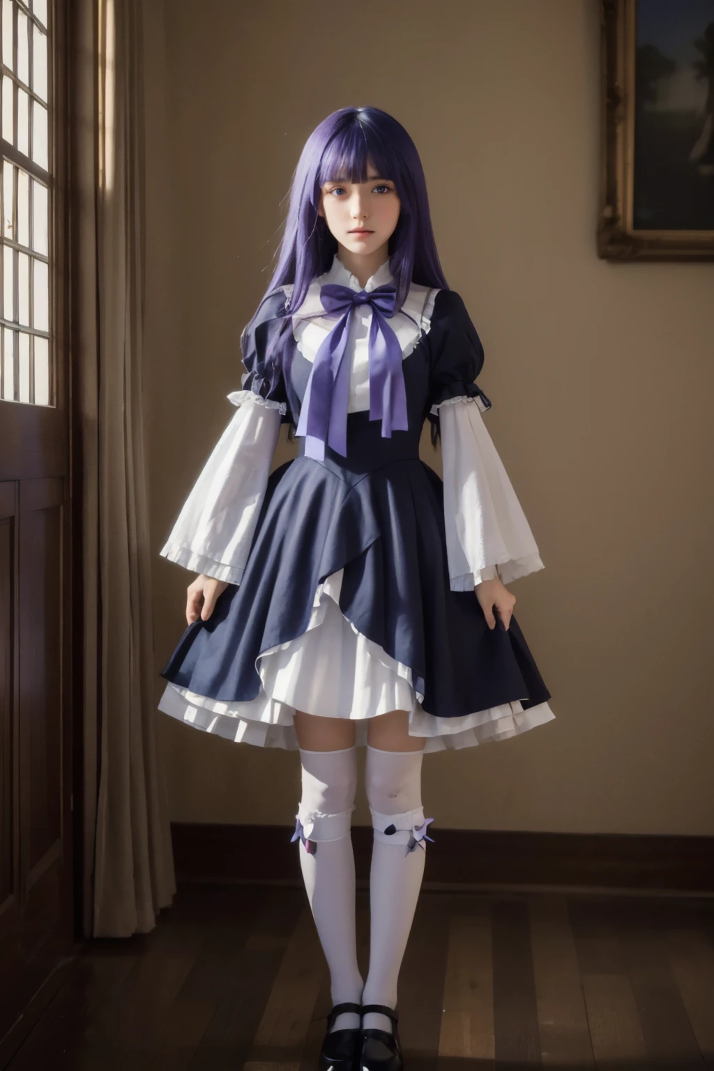 (masterpiece, best quality), 1girl, frederica bernkastel, purple eyes, purple hair, long hair, purple bow, dress, frills, white kneehighs, kneehighs bow, mary janes, amazingly beautiful girl, 32k RAW photography, professional photoshoot, huge tunnel background (partially iluminated)