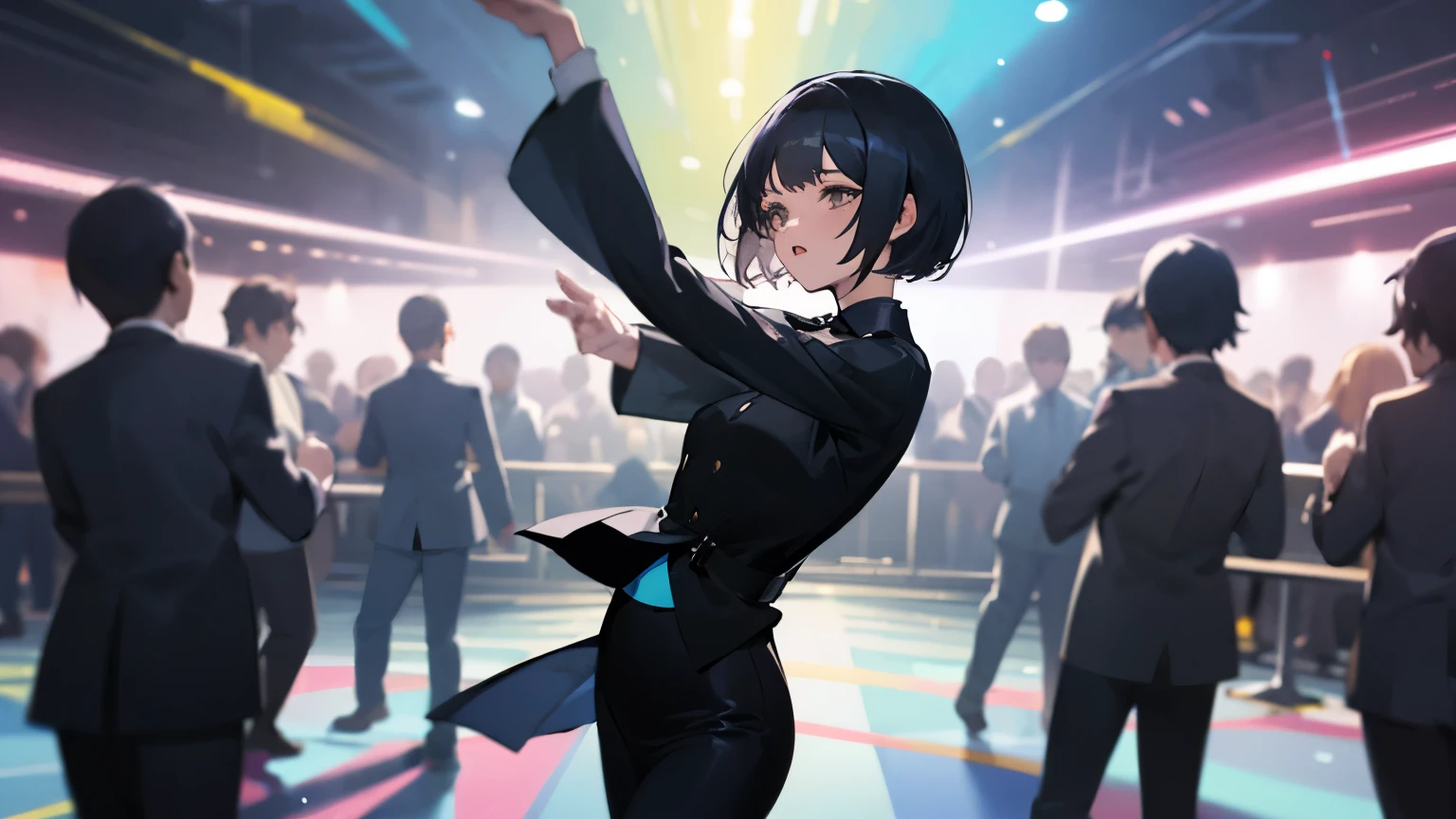 A short-haired woman in black clothes dancing in a crowded disco