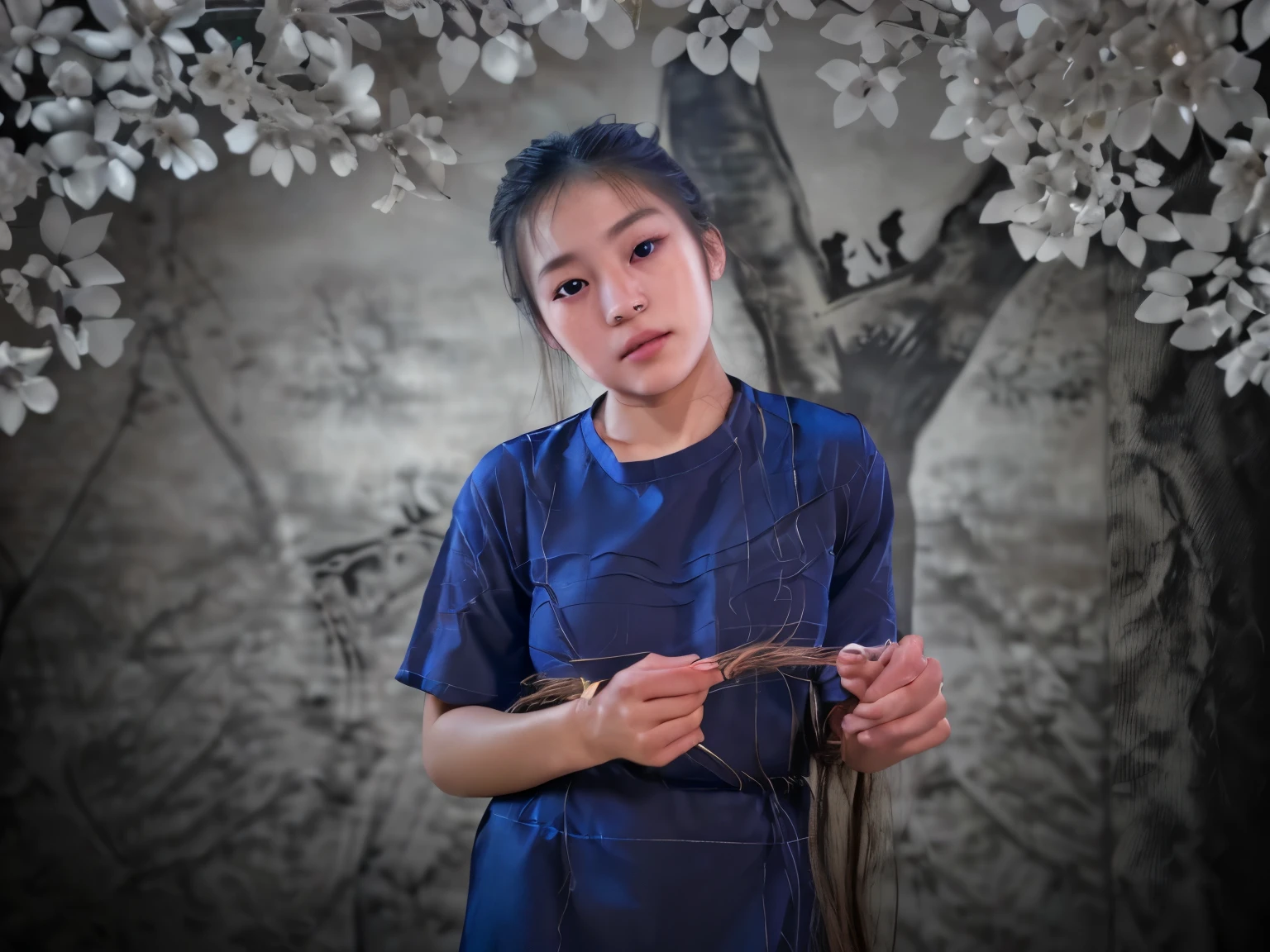 best quality, face focus, soft light, ultra high res, (photorealistic:1.4), RAW photo,
1japanese girl, solo, cute, (pupil, lights in the eyes),  detailed beautiful face, (small chest),(high resolution detail of human skin texture),
(long hair),
indoor,
Damask Shirt Dress,
(portrait)