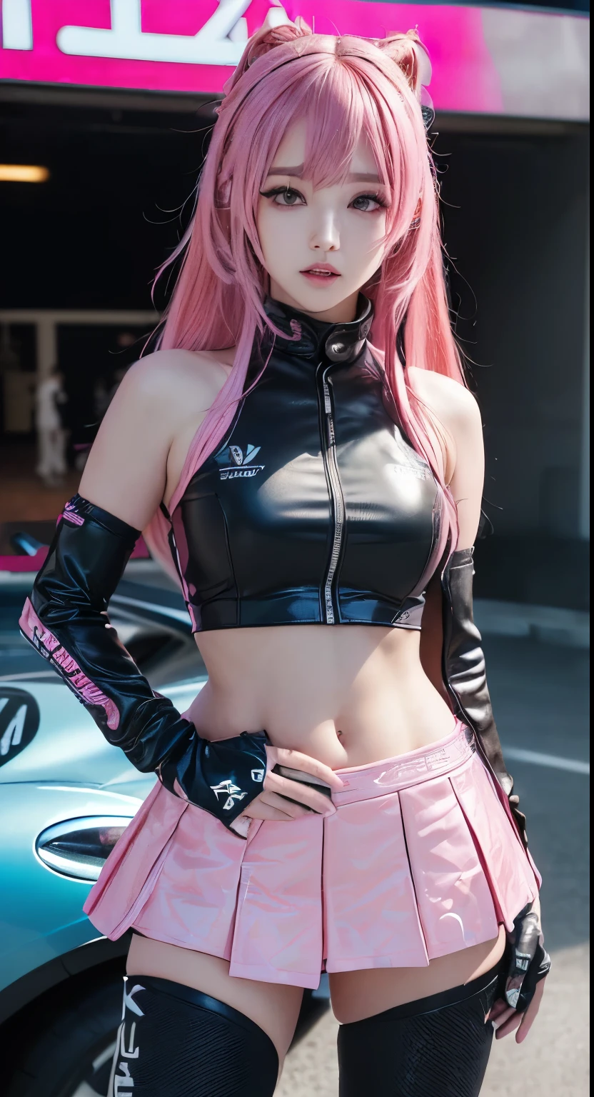 highest quality, Ultra-high resolution, (Realistic: 1.4), (Pink Long Hair: 1.3), (Azur Lane\), One Girl, (K-Pop Idols), View your viewers, Detailed face, Contrappost, , Perfect anatomy with professional lighting, Futuristic Fashion, Streetwear, High-tech fabric, Racing Suits, Refractory Materials, Elbow and knee pads, Racing Gloves, personalized embroidery, Sports Car Background, pit, mini skirt, belly button, Pink Hair, Suzuka Circuit, Circuit home straight, Race Track, International Circuit, Very goodhighest quality, Ultra-high resolution, (Realistic: 1.4), (Pink Long Hair: 1.3), (Azur Lane\), One Girl, (K-Pop Idols), View your viewers, Detailed face, Contrappost, , Perfect anatomy with professional lighting, Futuristic Fashion, Streetwear, High-tech fabric, Racing Suits, Refractory Materials, Elbow and knee pads, Racing Gloves, personalized embroidery, Sports Car Background, pit, mini skirt, belly button, Pink Hair, Suzuka Circuit, Circuit home straight, Race Track, International Circuit, Very good