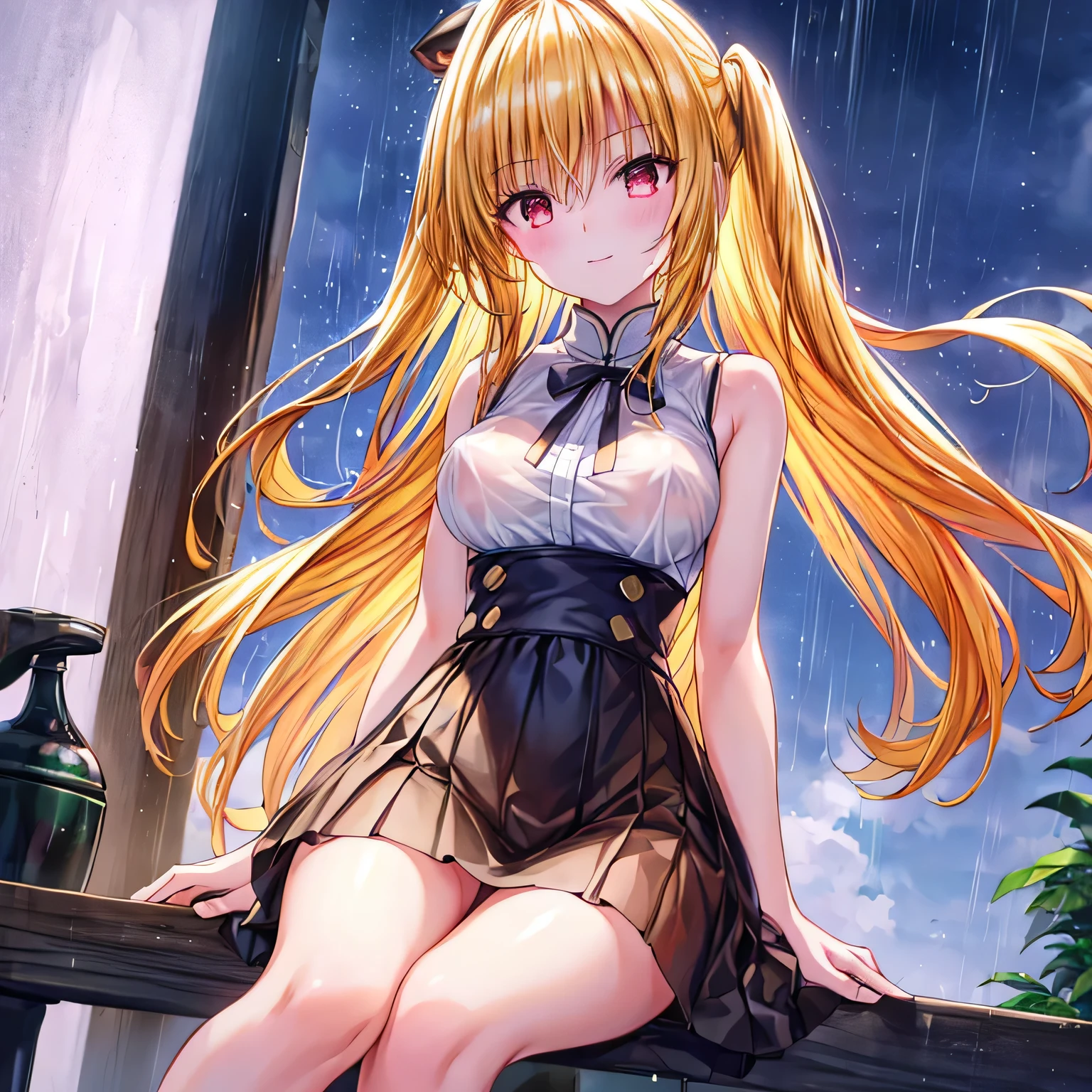realistically, golden hair, brown eyes, glowing eyes, white short skirt, extra short skirt, Blush, daytime, Wet from the rain, see through, cheongsam dress, cheongsam, sleeveless shirt, nipples, pussy, crotch, big smile, Sit with your knees raised, windy, yami, the skirt is turned up, highest quality, High resolution, highly detailed face, perfect lighting, highest detailed CG, perfect hands, perfect anatomy, wind blow skirt up, medium breast, view from below,