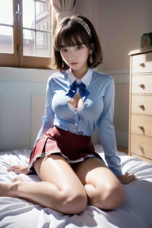 (masterpiece, highest quality, High resolution, screenshot, Color, 8k, Realistic), High School Girl Nausicaa, very cute, beautiful girl, clear, , alone, Brown Hair, short hair, Red Gem Earrings, excited, Shining eyes, (Looking at the audience), Perfect body, Cleavage, (Schoolgirl uniform, mini skirt), Perfect beauty, School classroom, (Perfectly detailed anatomy, Beautiful and elaborate face&eye:1.5, Shiny skin, Perfect body)、White underwear、I want to see the whole body,Real Photo:1.6