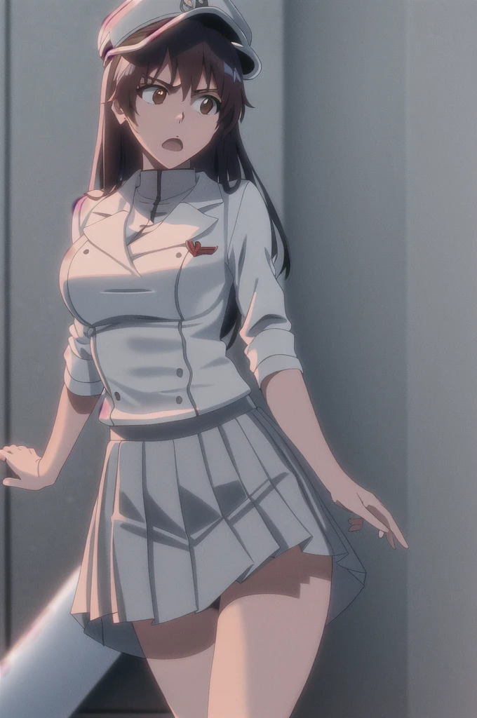 bambietta, school hallway, blush, from below, open mouth, panties, deep brown eyes, hat, white shirt, (gray skirt), closed medium breasts, masterpiece, detailed, intricate details