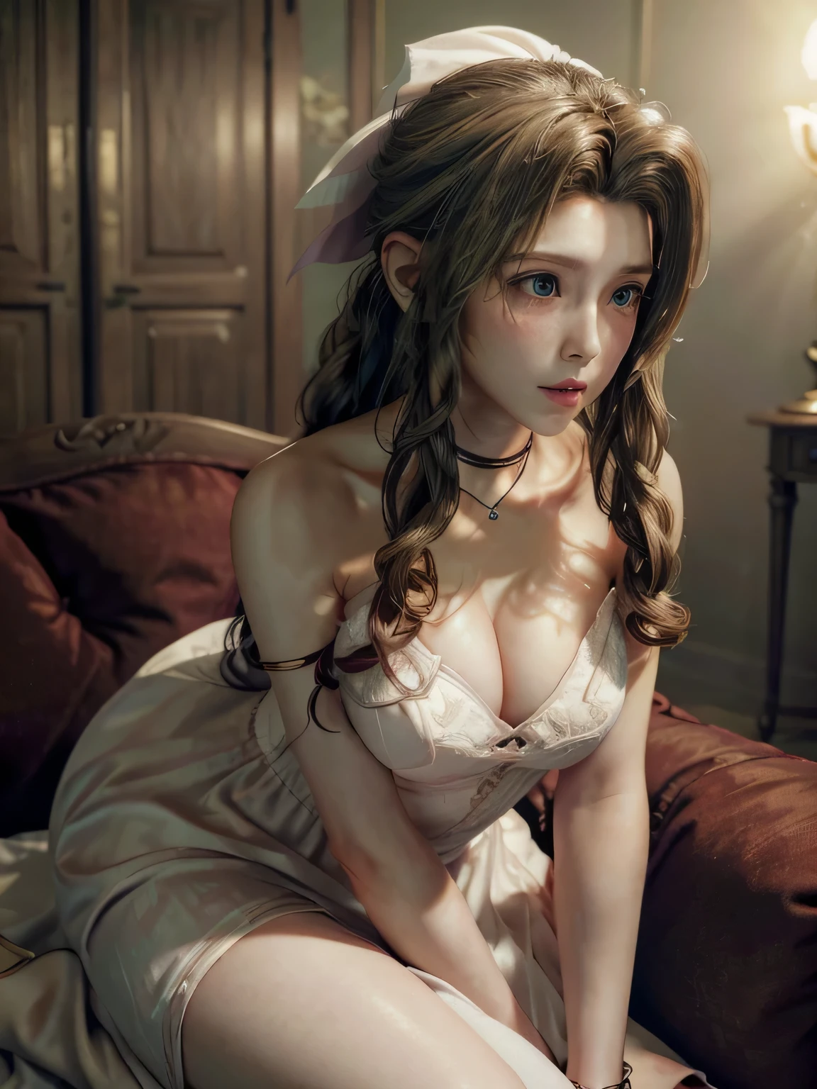 (masterpiece, best quality:1.4), (future days), (1girl), solo, (european youth:1), aerith gainsborough, choker, cropped jacket, hair bow, bracelet, white dress, brown boots, long hair, hair ribbons, strapless red dress, high heels hyperrealistic, high detailed skin, dslr, perfect lighting, high quality, highly detailed face, highly detailed skin, realistic pupils, medium breast, full face blush, full lips, detailed background, sitting on sofa, full body,depth of field, volumetric lighting, sharp focus, absurdres, (realistic, hyperrealistic:1.4), 16k hdr,
