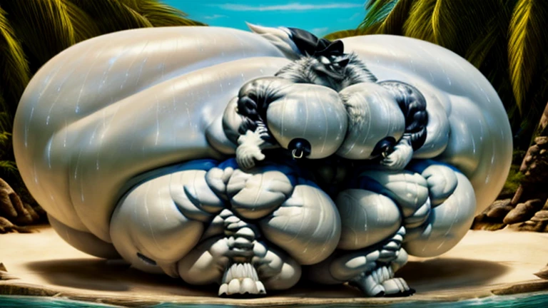 4k, high resolution, best quality, perfect lightning, perfect, solo, anthro, young, boy,white wolf:2.0, furry body, (fluffy mane:1.2), fluffy tail, male, adult, (bulky2:0, thick muscles2:0, huge muscles:2.0, hyper muscles:2.0), (thick biceps, veiny biceps, broad shoulders:2.0), (thick legs, thick calves:1.1), (digitigrade legs, 4 toes:1.2), perfect colors, (photorealistic fur, detailed fur, epic, masterpiece), (suggestive posing:1.2), (seductive smile, lustful grin 1.3), detailed beach,detailed wolf eyes:2.0, by k0suna, by darkgem,nipple ring,hyper arms:2.0,veins,white body,white fur,hyper butt:2.0,hyper paws:2.0,standing,thick legs,thick butts:2.0,sweat body:2.0,massive butt:2.0,black hat,hyper ass:2.0,huge ass,long legs,juicy butt:2.0
