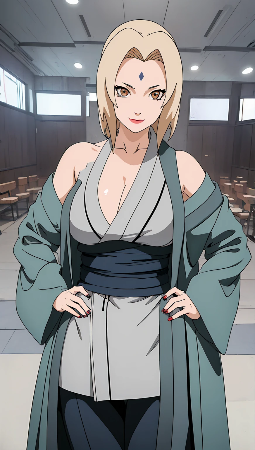 (masterpiece, highest quality:1.2), alone, One Girl, Tsunade Defense, Forehead mark, smile, View your audience, Hands on hips,NSFW、 fully visible、Open kimono,Off the shoulder、 Gray Kimono, sash, pants 、Upper body close-up、Close-up of a person、Beautiful girl with beautiful details, Very cute, Beautiful girl with beautiful details, Professional photography lighting, Highly detailed eyes and face, Eyes with beautiful details、Beautiful detailed hair, Beautiful detailed cold face、