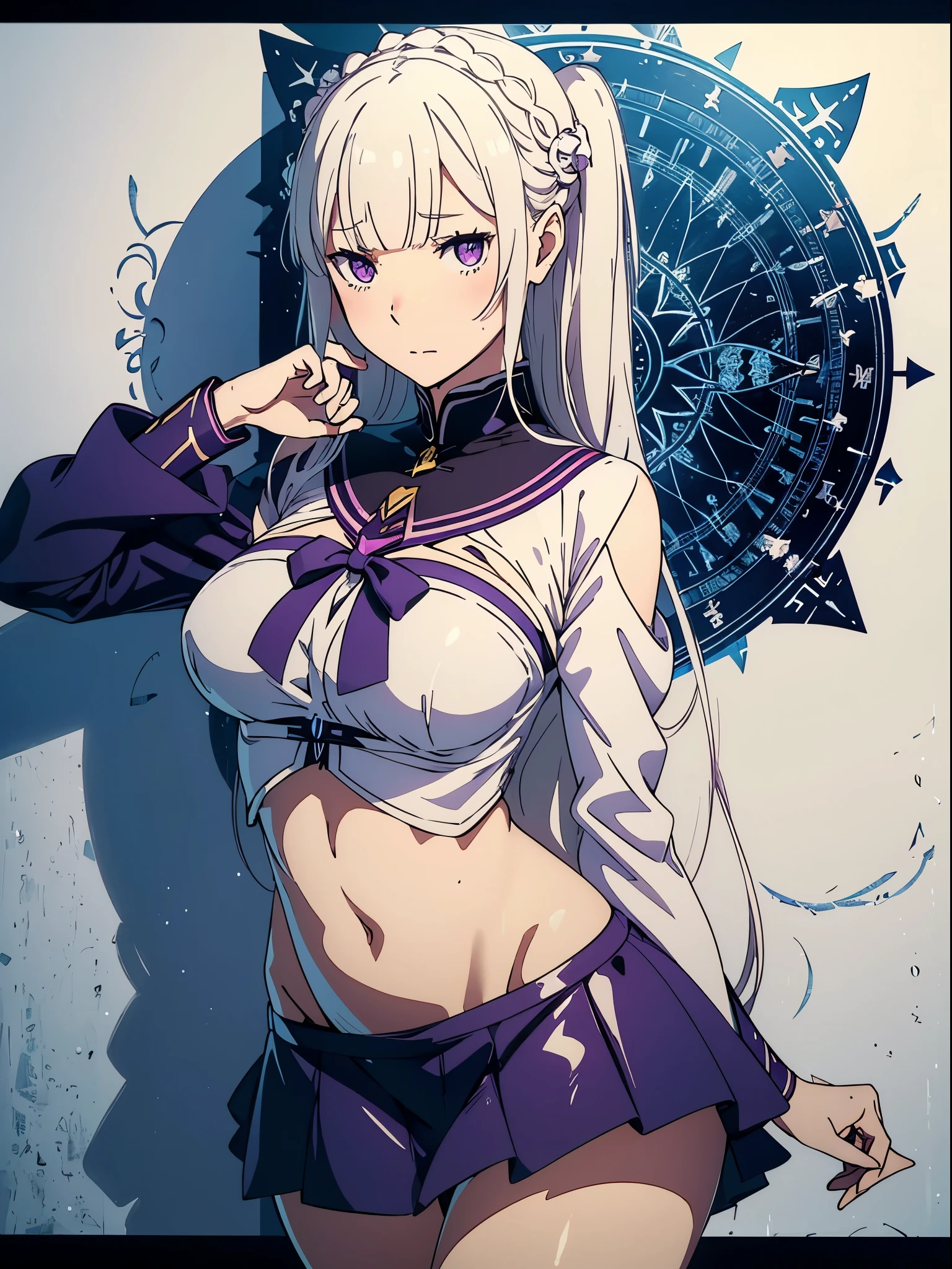 Emilia re:zero, purple eyes, Emilia, crown braid, x hair ornament, flower hair ornament, white hair, long hair, medium breasts, Marion Adnams, Kore Yamazaki, Surreal, mysterious, strange, fantastical, fantasy, Sci-fi, Japanese anime, compass and ruler, beautiful high school girl in a miniskirt drawing a circle, perfect voluminous body, From basic geometric knowledge, beautiful theorems, drawing methods, detailed master set erotic provocative challenging looking at viewer mischievous coquettish skin wet wet wet glistening