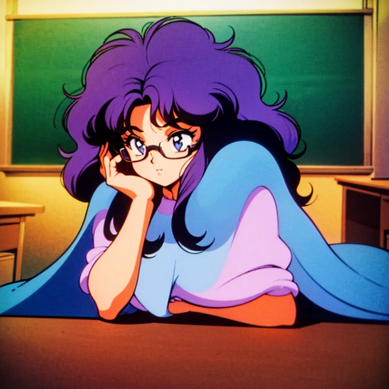80s (Style), Retro artstyle, masterpiece, Girl, long fluffy purple hair, blue coat, rectangle glasses, in a classroom, thinking, longshot