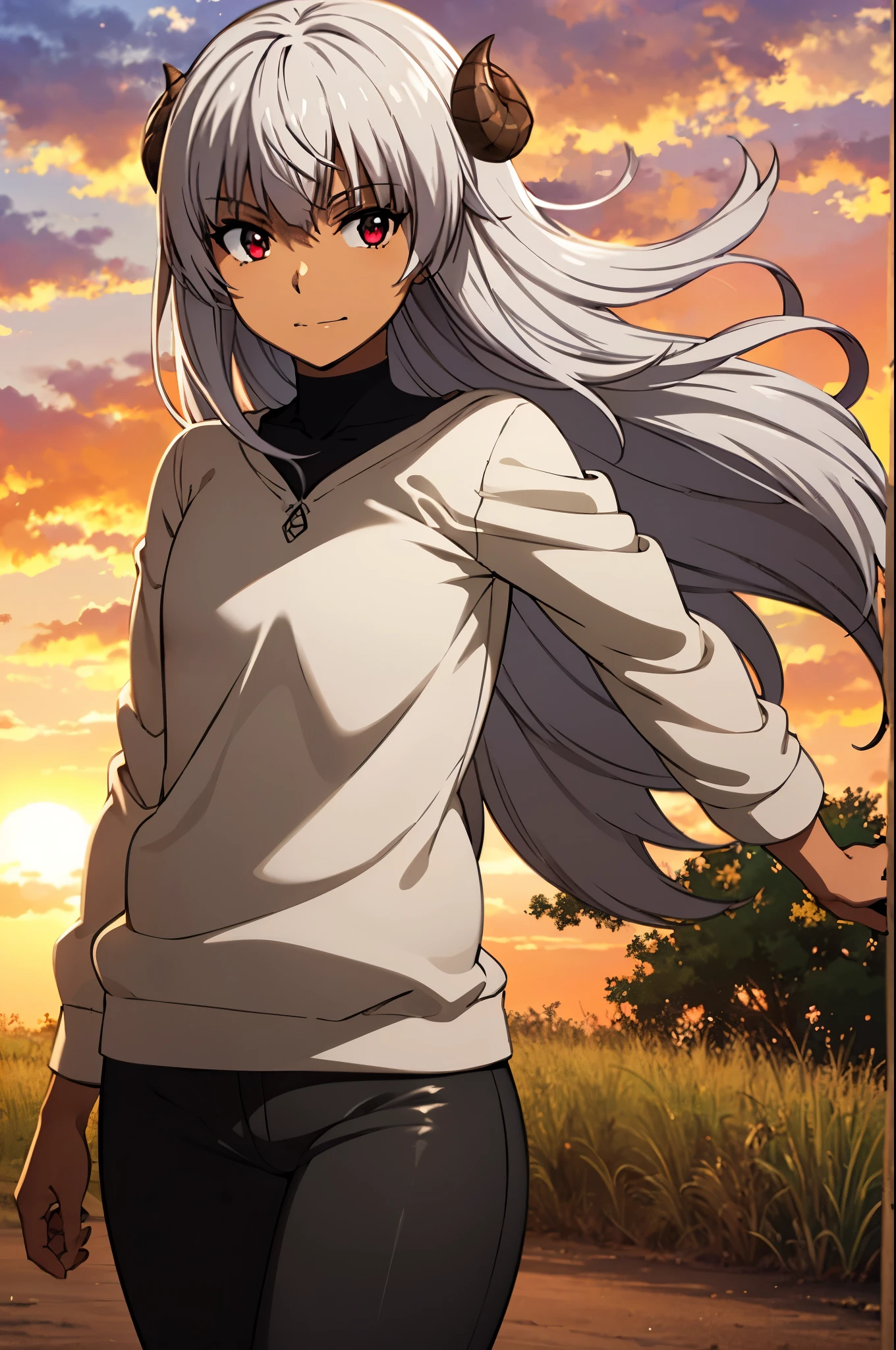 best quality, ultra high res, Felm, 1girl, flat chest, white sweaters, black thighhighs, dark skin, grey hair, long hair, red eyes, curled horns, at grass plain fields, sunset, sweet smile, calm expression, wearing tight pants, thick thigh, half body, sweet girl, close up zoom, commissioned art, fan art, low angle, sunset sky, orange sky, cloud, makoto shinkai style anime, 