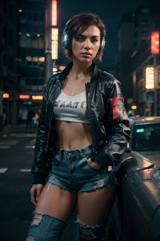 (film stock), (extremely detailed CG unity 8k wallpaper) full body portrait of a cyberpunk woman leaning on a wall in cyberpunk city street at night, (action scene), (wide angle), ((Night time)), city lights, ((neon cyberpunk city street:1.3)), (neon lights), stars, moon, (film grain:1.4), colored lighting, full body,

cyberpunk woman in a futuristic city in a cyberpunk city, (hands in pockets), (leaning on wall), dynamic pose, ((rgb gamer headphones)), ((tanned skin:1.3)), ((angry)), (angry eyebrows), scowl, (e-girl blush:1.2) long hair, (freckles:0.9), detailed symmetrical face, (dark crimson hair:1.2), short hair, (messy hair bun), (undercut hair:1.4), punk girl, ((tattoos)), alt girl, ((face piercings:1.2)), ((fingerless gloves)), (brown eyes), many rings, reflective eyes, makeup, (red lipstick), (shiny lips), (white sclera), (sweat), ear piercings,
detailed lighting, rim lighting, dramatic lighting, chiaroscuro, (white band shirt), ((ripped denim bomber jacket:1.1)), (jean jacket), long sleeves, bracelets, (torn blue jean pants:1.2)), (mom jeans), brick wall, (polluted sky), wall graffiti, ((doc martens)), ((combat boots)), (black shoelaces, muddy boots,

(from below:1.2), (wide angle lens), professional majestic impressionism oil painting by Waterhouse, John Constable, Ed Blinkey, Atey Ghailan, Studio Ghibli, by Jeremy Mann, Greg Manchess, Antonio Moro, trending on ArtStation, trending on CGSociety, Intricate, High Detail, dramatic,
makoto shinkai kyoto, trending on artstation, trending on cg society,