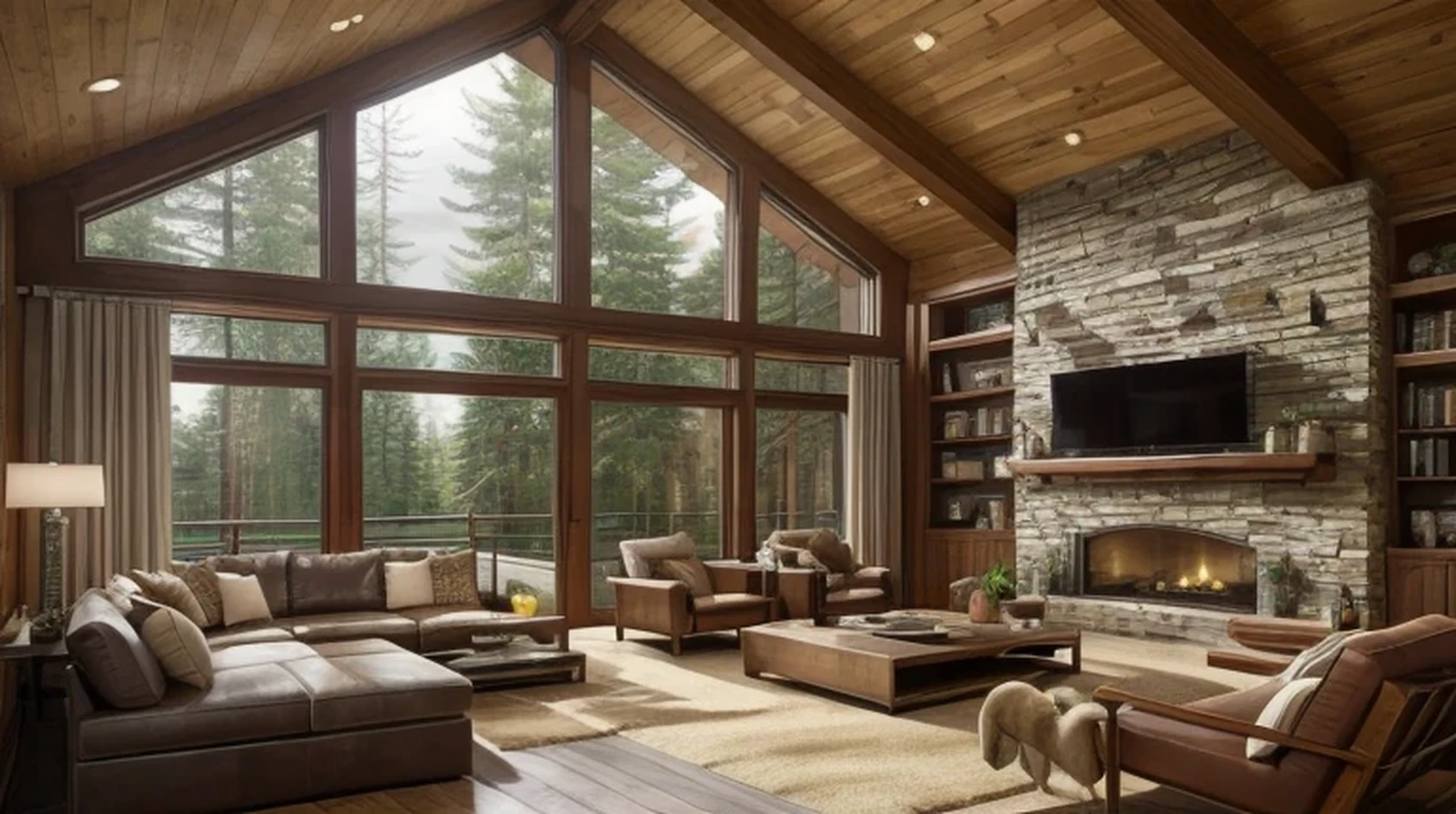 (masterpiece, best quality, 8k, RAW photo, beautiful and aesthetic:1.2),Large room with sofa and TV々and living room, Warm living room, Warm interior, Cozy living room interior, Cozy living room, Cozy contemporary living room, Large window overlooking the forest at night, Cozy place, Cozy environment, Relaxing environment, Cozy and serene atmosphere, Cozy rooms, Cozy living room background, Warm interiors, Luxurious surroundings, Modern house in the forest,A large single window