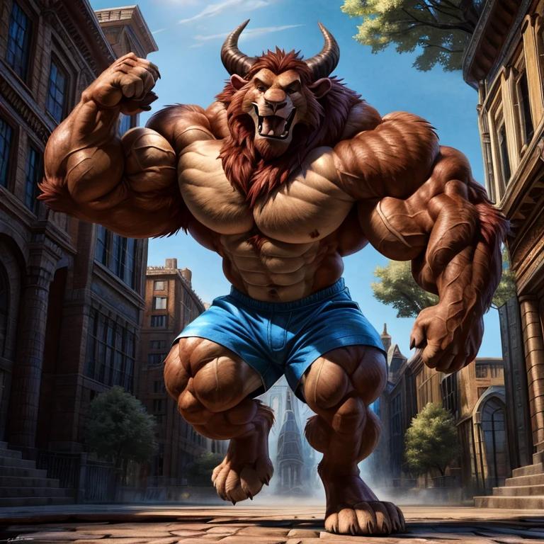 A photorealistic image of the Beast from the movie Beauty and the Beast, super muscular giant, with muscular arms, broad shoulders, giant and toned physique, bursting muscular veins, blue eyes, tail, super furry brown fur, backward facing horns, with veins jumping, barefoot, 50 meter tall supergiant in the center of a city, lifting an extremely heavy alter, Lora:, full height. 4K, high resolution, best quality, (strong pecs, big defined muscles, muscular shoulders), correct anatomy, (by Wfa:1.0), (by Takemoto Arashi:1.0), (by Taran Fiddler:0.5), sensual, (shorts red, topless), sensual shadows, slender posture, open mouth, exposed tongue, open eyes:1, detailed eyes