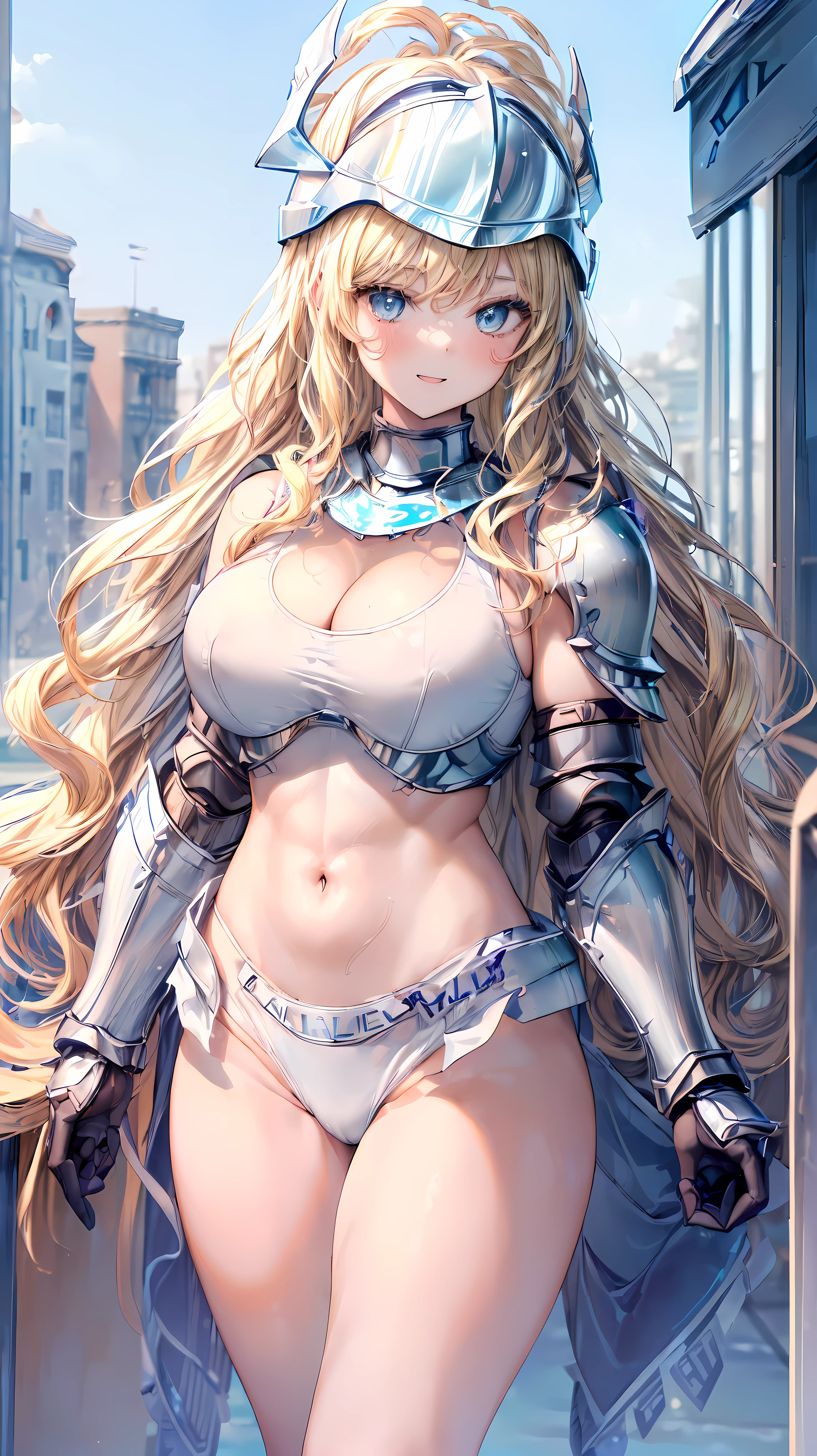 (Adult women:1.5)、Very detailed、highest quality、Best image quality、masterpiece、8k、Anime Face、A kind smile、Open your mouth、Sparkling blue eyes、(Blonde Wavy Hair:1.5)、、Muscles of the whole body、camisole、Thigh belt、(Wearing white bikini armor:1.5)、(Cowboy Shot:1.5)、(Leg armor:1.5)、(Wearing a helmet:1.5)