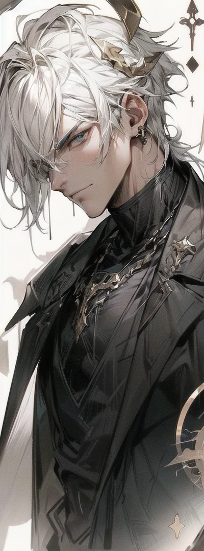 An epic and visually stunning piece of digital art featuring a masculine man in his 30s with an angular facial structure and a flat masculine chest.. The character is adorned in a heavy dieselpunk style with a heavy metal aesthetic., usar sombra de ojos para mayor intriga. La imagen muestra la belleza y elegancia del personaje., Who wears mechanical armor?. El personaje tiene ojos de color azul brillante y penetrante que se destacan contra su armadura de color blanco puro.. The armor is magnificently engraved and resembles an armored trench coat.. The character also has androgynous features., with mechanical muscular arms that increase his unique appearance.