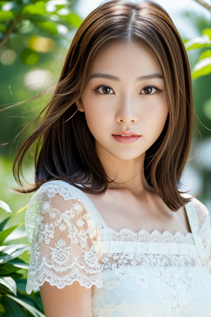 (highest quality, High resolution, masterpiece:1.3), ung japanese woman, Slender figure beauty, (smooth and delicate and pale skin), Small face, Breast enhancement, loose curled long brunette with highlights, No makeup, Precisely expresses details such as face and skin texture, Moist eyes with dilated pupils and large irises, double eyelid, (lace dress), photo from the chest up, A person in the center left and right, The whole head is shown, Professional cinematic lighting