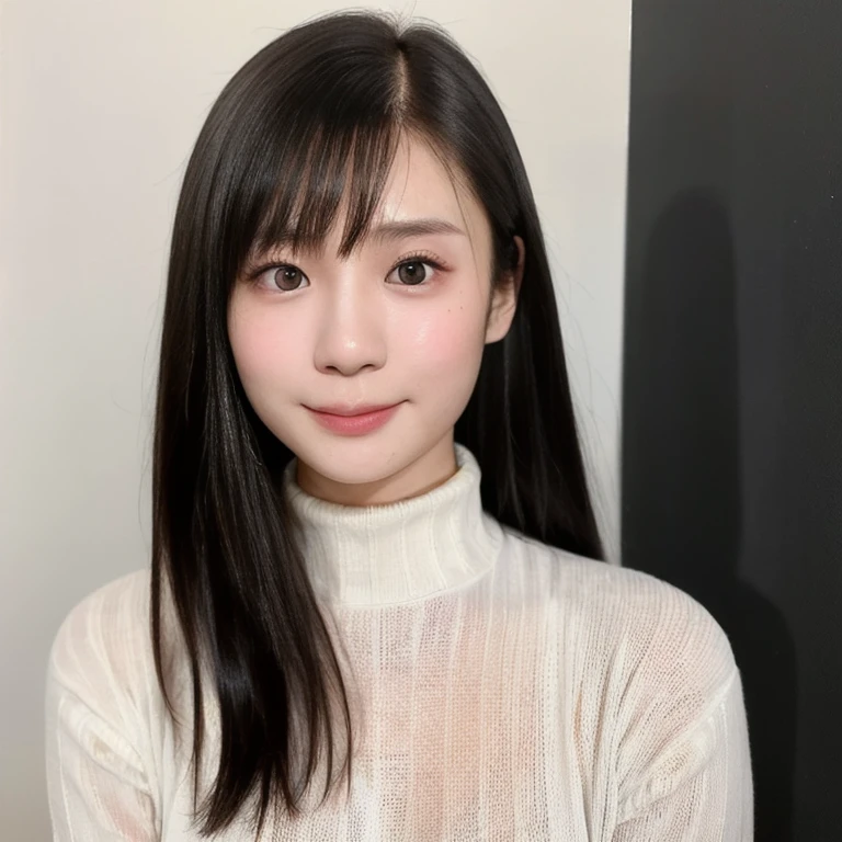(kawaii 24 year-old Japanese girl, Nogizaka idol, Korean idol), (glossy black hair, chignon, bangs:1.3), (deep black eyes, rounded face, single eyelid, no makeup, soft smiling:1.2), (wearing heavy weight turtleneck knitted sweater:1.3), (extra small breasts:0.9), (facing straight at camera:1.2), BREAK, (simple white background, yearbook background:1.3), (id photo, bust shot, view from straight forward:1.3), BREAK, (masterpiece, best quality, photo realistic, official art:1.4), (UHD, 8K quality wallpaper, high resolution, raw photo, golden ratio:1.3), (shiny skin), professional lighting, physically based rendering, award winning, (highly detailed skin, extremely detailed face and eyes), Carl Zeiss 85 mm F/1.4, depth of field, 1girl, solo,