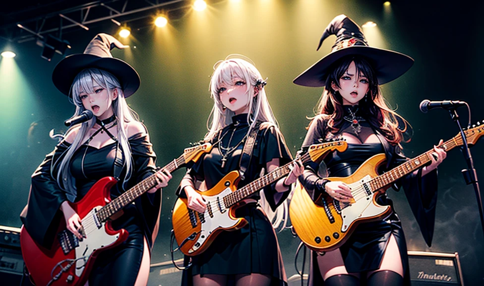 A three-woman metal band dressed in witch costumes、Arrived in Japan and held a mass at a live venue、Neck slashing pose、The intense performance was a huge success、Metal band performance、Fearless expression、Live venue lighting、The band&#39;s concept is medieval Europe.