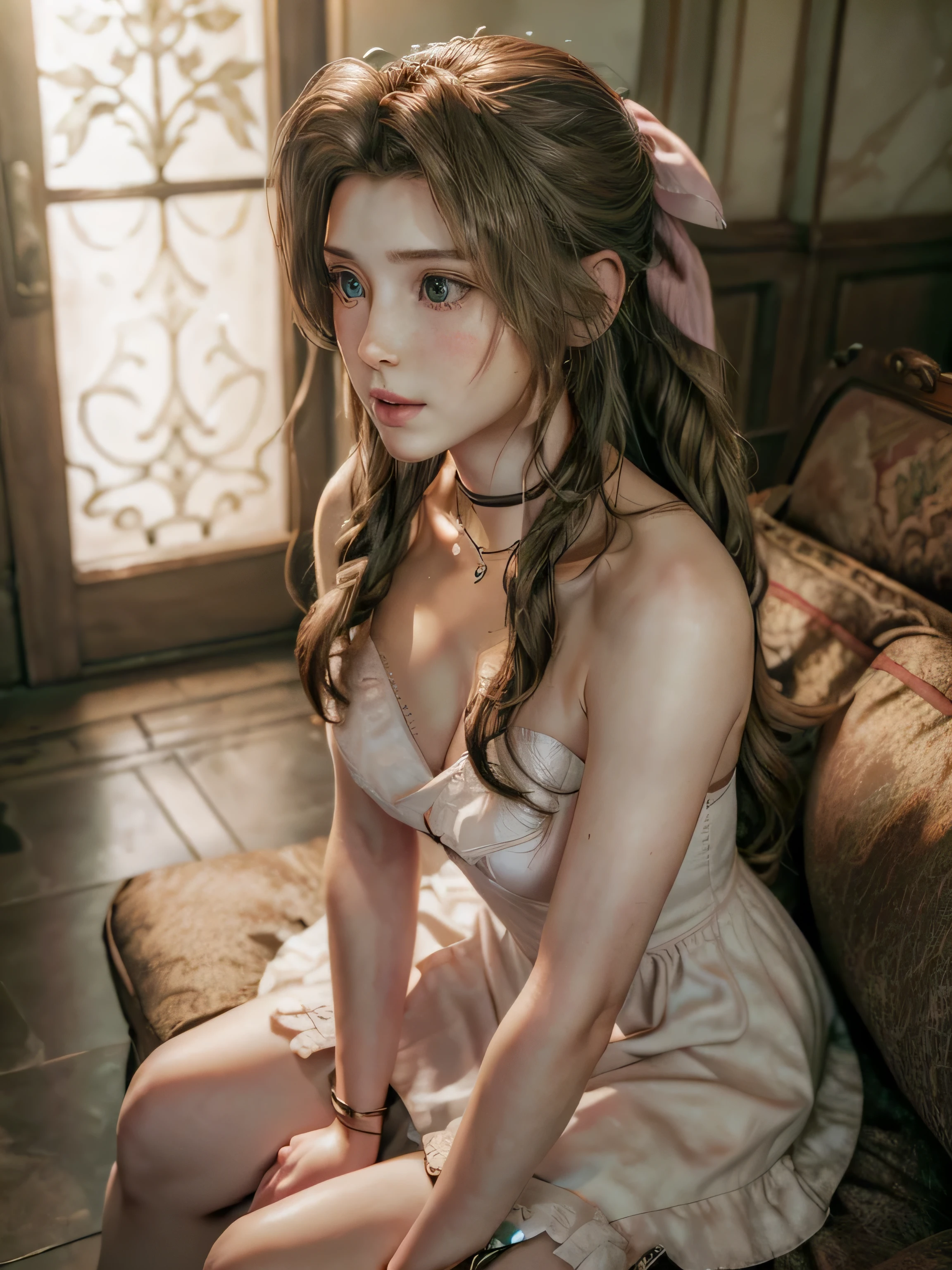 (masterpiece, best quality:1.4), (future days), (1girl), solo, (european youth:1), aerith gainsborough, choker, cropped jacket, hair bow, bracelet, white dress, brown boots, long hair, hair ribbons, strapless red dress, high heels hyperrealistic, high detailed skin, dslr, perfect lighting, high quality, highly detailed face, highly detailed skin, realistic pupils, medium breast, full face blush, full lips, detailed background, sitting on sofa, full body,depth of field, volumetric lighting, sharp focus, absurdres, (realistic, hyperrealistic:1.4), 16k hdr,
