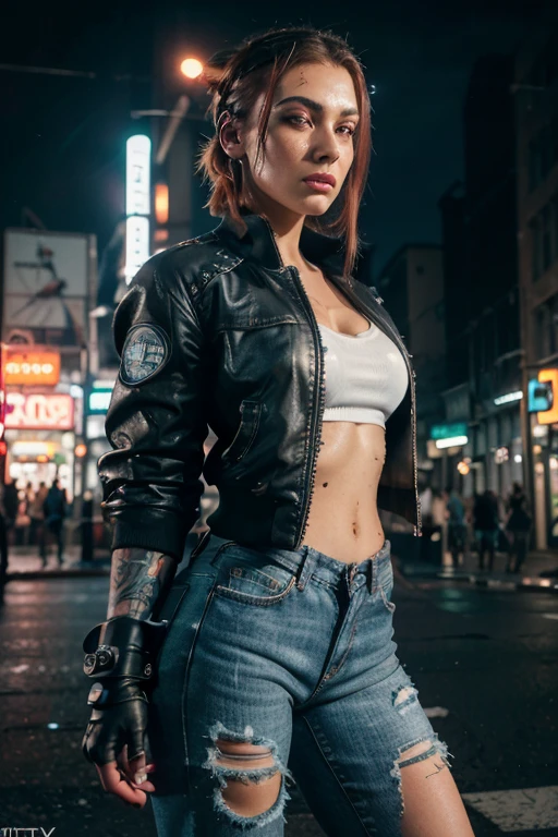 (film stock), (extremely detailed CG unity 8k wallpaper) full body portrait of a cyberpunk woman leaning on a wall in cyberpunk city street at night, (action scene), (wide angle), ((Night time)), city lights, ((neon cyberpunk city street:1.3)), (neon lights), stars, moon, (film grain:1.4), colored lighting, full body,

cyberpunk woman in a futuristic city in a cyberpunk city, (hands in pockets), (leaning on wall), dynamic pose, ((rgb gamer headphones)), ((tanned skin:1.3)), ((angry)), (angry eyebrows), scowl, (e-girl blush:1.2) long hair, (freckles:0.9), detailed symmetrical face, (dark crimson hair:1.2), short hair, (messy hair bun), (undercut hair:1.4), punk girl, ((tattoos)), alt girl, ((face piercings:1.2)), ((fingerless gloves)), (brown eyes), many rings, reflective eyes, makeup, (red lipstick), (shiny lips), (white sclera), (sweat), ear piercings,
detailed lighting, rim lighting, dramatic lighting, chiaroscuro, (white band shirt), ((ripped denim bomber jacket:1.1)), (jean jacket), long sleeves, bracelets, (torn blue jean pants:1.2)), (mom jeans), brick wall, (polluted sky), wall graffiti, ((doc martens)), ((combat boots)), (black shoelaces, muddy boots,

(from below:1.2), (wide angle lens), professional majestic impressionism oil painting by Waterhouse, John Constable, Ed Blinkey, Atey Ghailan, Studio Ghibli, by Jeremy Mann, Greg Manchess, Antonio Moro, trending on ArtStation, trending on CGSociety, Intricate, High Detail, dramatic,
makoto shinkai kyoto, trending on artstation, trending on cg society,