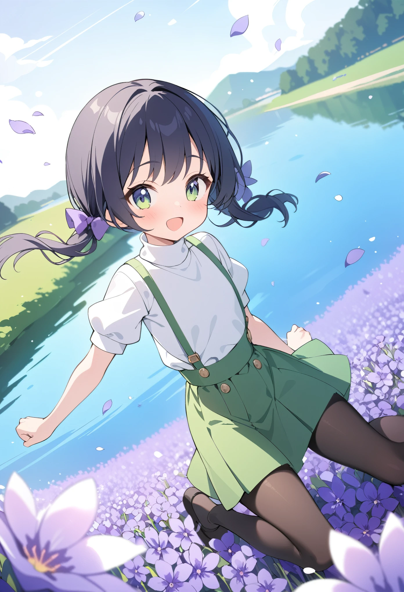 best quality, masterpiece, ultra resolution, super details, anatomically correct, 1 girl, full body, junior child, (black hair:1.2), high quality eyes, high quality hands, (high pigtails:1.4), (braided pigtails:1.2), (hair bows:1.3), (short hair:1.5), (white turtleneck:1.5), short sleeve, (bubble sleeves:1.2), (green skirt:1.5), (green suspenders:1.5), (black woolen pantyhose:1.5), mary janes, (delighted expression:1.3), (arching backwards:1.2), (purple flower field beside a lake:1.3), flying flower flakes, high quality background, depth of field, dutch angle