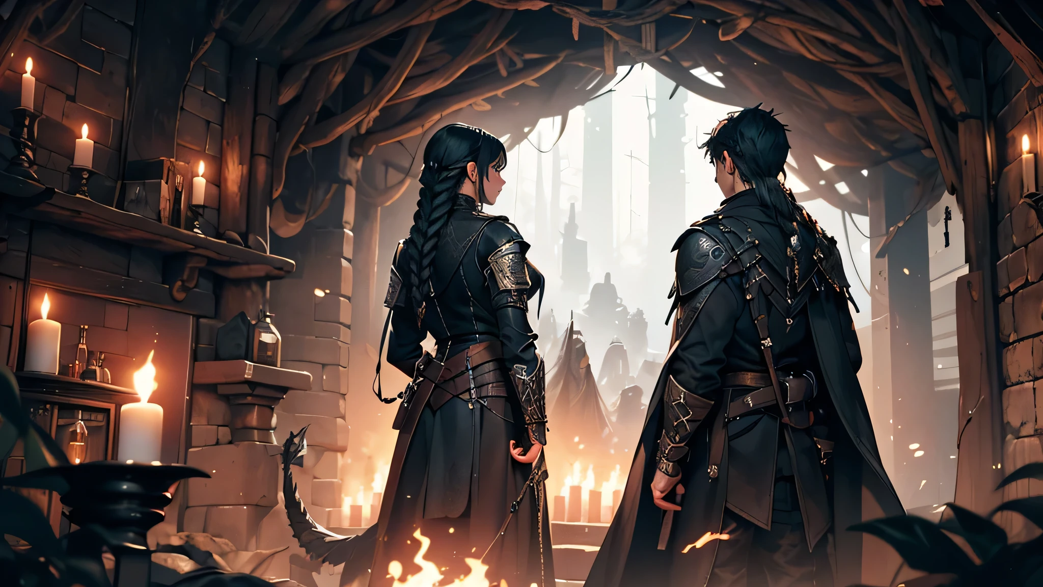 A dark, mysterious fantasy scene set in an underground cave featuring a girl with long, braided black hair dressed in black and white adventurer clothes and a young man with black hair in tattered white clothes, both holding torches, facing a menacing basilisk cobra monster in front on them, view from back of girl and man. detailed, Gothic aesthetic --ar 16:9 --s 150 --c 10