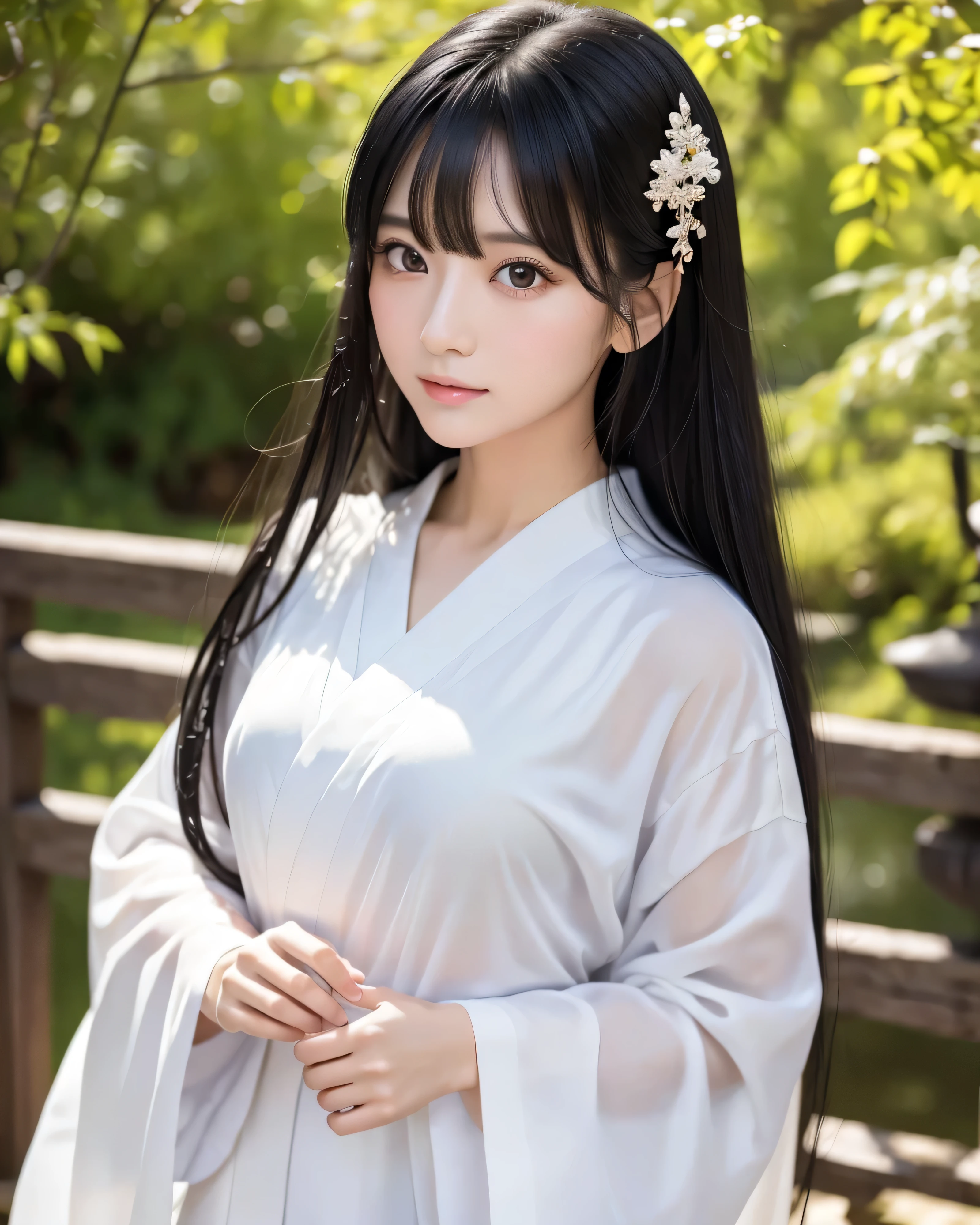 (highest quality, 32k, High resolution, masterpiece:1.5, ),marimo_jet, Beautiful Shii Japanese girl, god々Shii, Extraordinary beauty, (whole body:1.3), (Shiny black hair:1.3), Beautifully arranged super long straight silk hair, Asymmetrical bangs, Magical big eyes, Beautiful double eyelids, Clear, smooth, white skin, Natural Makeup, Highlight blush, (Japanese traditional shrine maiden clothing), early morning, Japan&#39;s Dark God Company, Dazzling sunshine, Professional Lighting, Professional Photographer, Professional models, God&#39;s Secret
