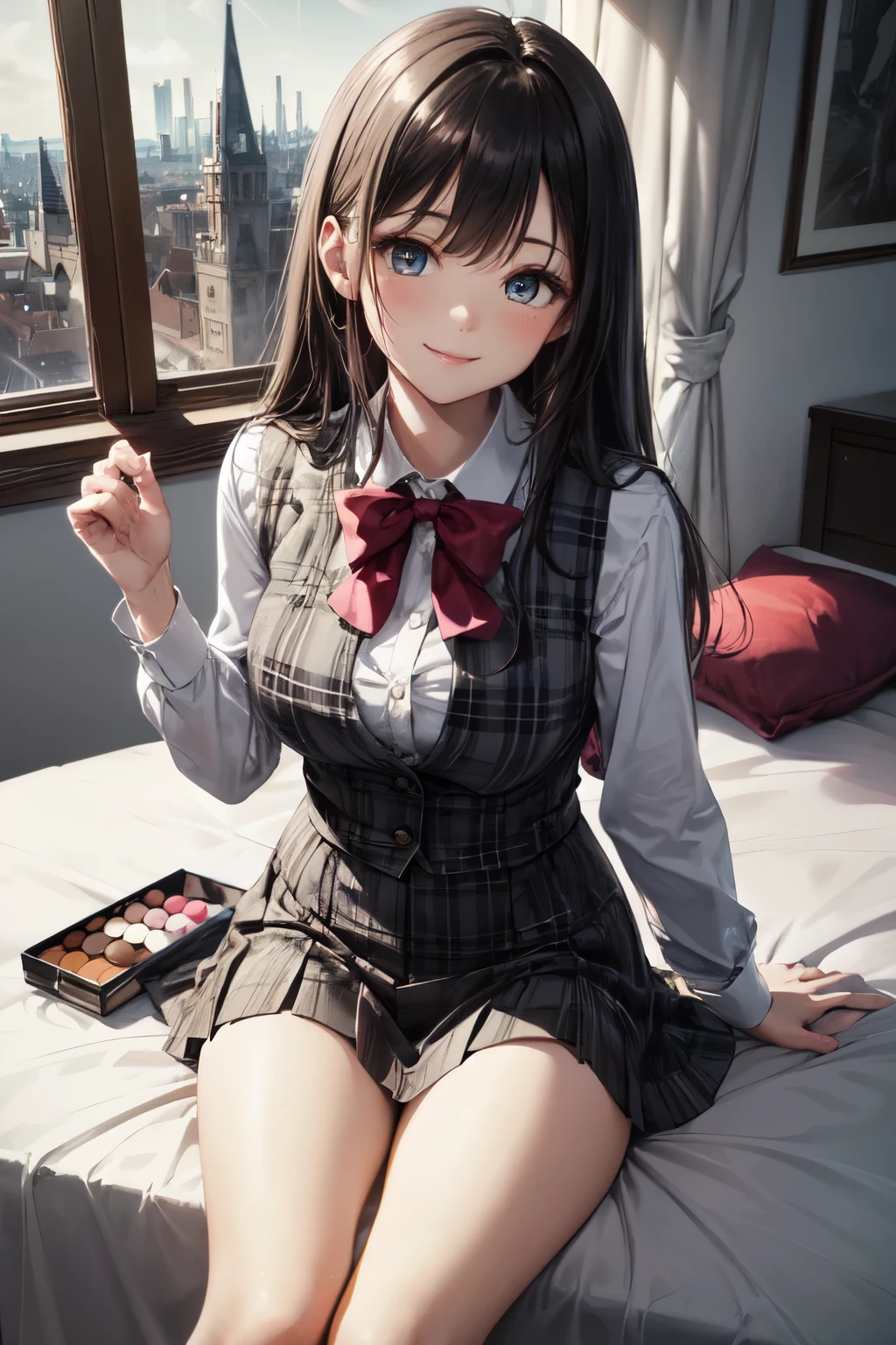 very cute and beautiful girl,(highly detailed beautiful face and eyes), sitting on bed sheet,long sleeve white blouse,plaid vest,looking at viewer,(smile),black hair,pleated gray mini skirt, fashion bag,cosmetic bags, antique hotel bedroom,window,distant trees and town, (best quality,masterpiece),absurdres,highres,ultra-detailed,extremely detailed,32k,8k resolution, intricate details,cinematic scene,detailed background,solo,dynamic angle, perfect hands,