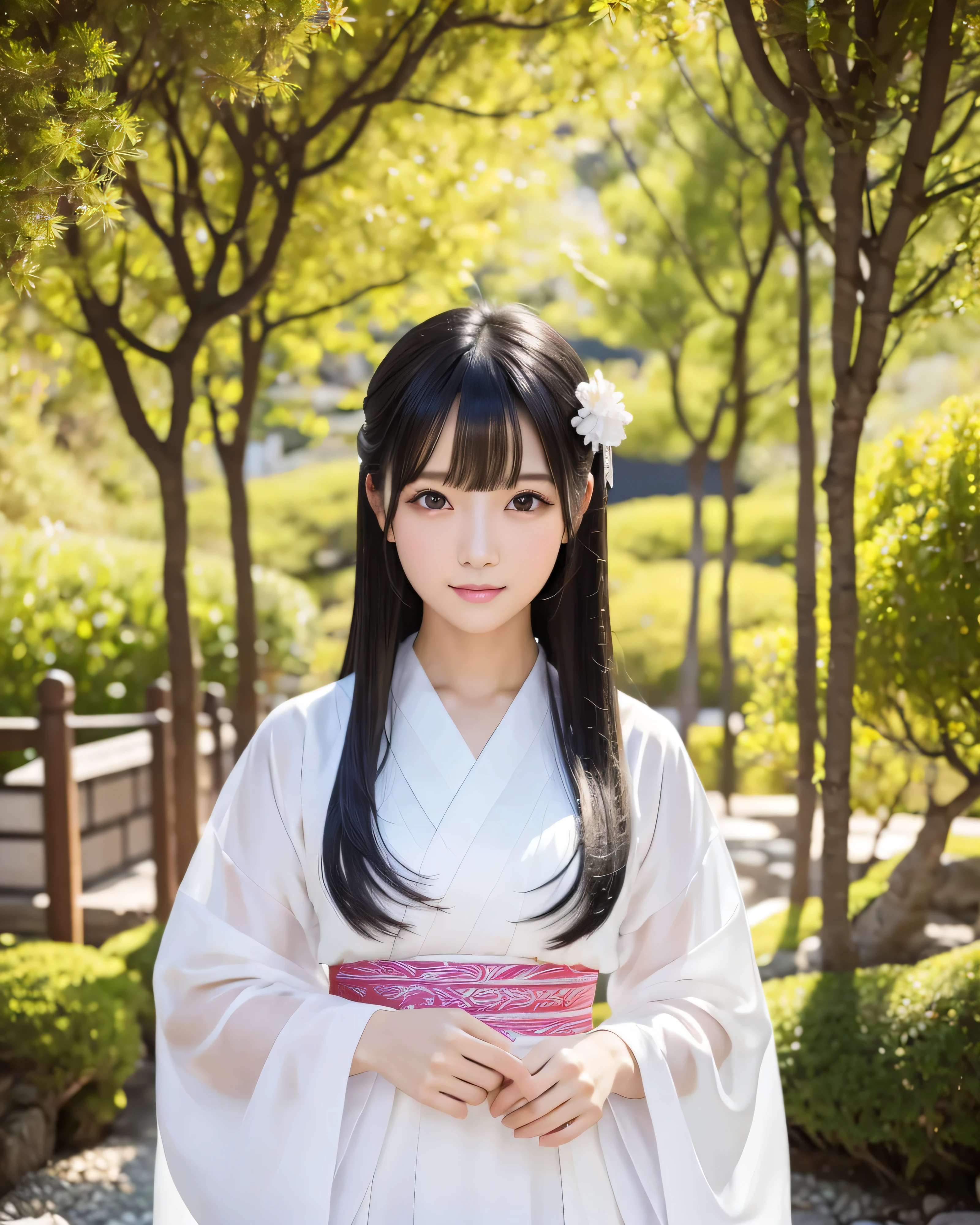 (highest quality, 32k, High resolution, masterpiece:1.5, ),marimo_jet, Beautiful Shii Japanese girl, god々Shii, Extraordinary beauty, (whole body:1.3), (Shiny black hair:1.3), Beautifully arranged super long straight silk hair, Asymmetrical bangs, Magical big eyes, Beautiful double eyelids, Clear, smooth, white skin, Natural Makeup, Highlight blush, (Japanese traditional shrine maiden clothing), early morning, Japan&#39;s Dark God Company, Dazzling sunshine, Professional Lighting, Professional Photographer, Professional models, God&#39;s Secret
