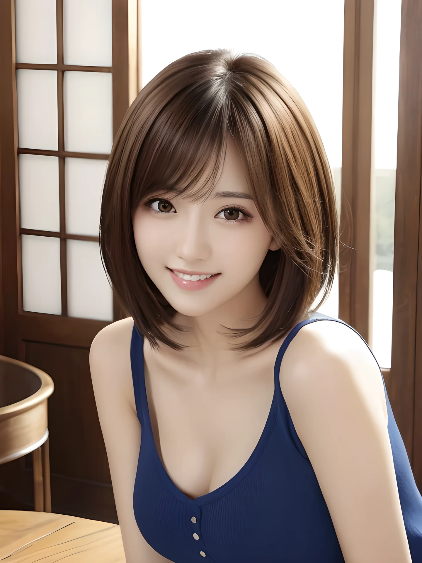 masterpiece, highest quality, High resolution, table top、wallpaper, realistic, bright lighting, professional lighting, face light, smooth lighting, japanese girl, cute, smile, Beautiful girl, gravure, sexy, super beautiful, beautiful skin, beautiful and detailed eyes、detailed face、slim、moderately、short hair, brunette colored hair, brown eyes, look at the camera, Tank top, clear sky