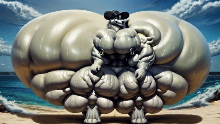 4k, high resolution, best quality, perfect lightning, perfect, solo, anthro, young, boy,white wolf:2.0, furry body, (fluffy mane:1.2), fluffy tail, male, adult, (bulky2:0, thick muscles2:0, huge muscles:2.0, hyper muscles:2.0), (thick biceps, veiny biceps, broad shoulders:2.0), (thick legs, thick calves:1.1), (digitigrade legs, 4 toes:1.2), perfect colors, (photorealistic fur, detailed fur, epic, masterpiece), (suggestive posing:1.2), (seductive smile, lustful grin 1.3), detailed beach,detailed wolf eyes:2.0, by k0suna, by darkgem,nipple ring,hyper arms:2.0,veins,white body,white fur,hyper butt:2.0,hyper paws:2.0,standing,thick legs,thick butts:2.0,sweat body:2.0,massive butt:2.0,black hat,hyper ass:2.0,huge ass,long legs,juicy butt:2.0,butt like a wall