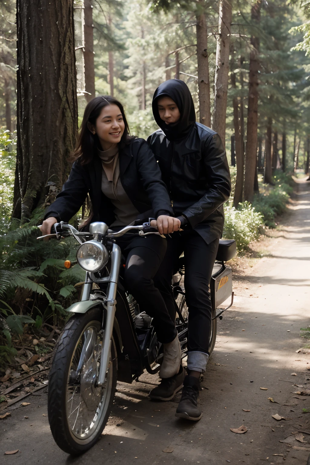 Two jawa bike riders- one girl and other a boy, both ride black bikes, in the pleasent forest