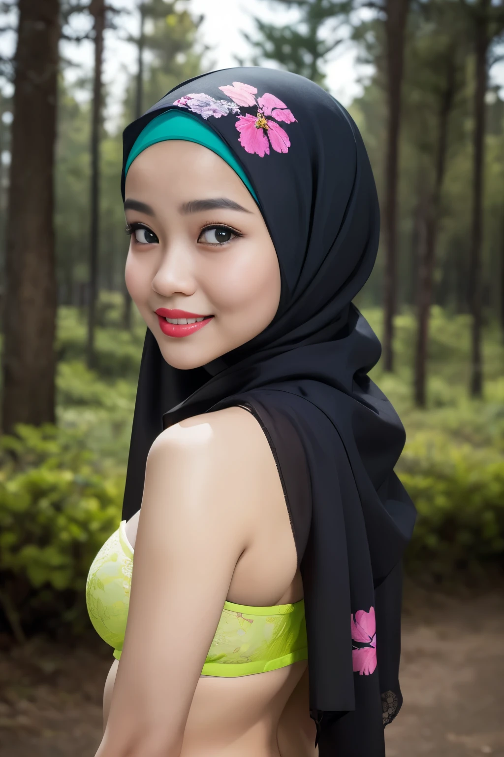 Lace, (Happy smile), (((HIJAB MALAY GIRL))), masutepiece, High quality, UHD 32K, Realistic face, Realistic skin feeling , A Japanese Lady, 8 years old, , Very cute and baby-like face, (((FLAT CHEST))), (Night time at forest), ((look In front  at the camera and SADNESS)), (((FLUORESCENCE))), (((CUTE GIRL))), ((YELLOW LIPS)), ((Floral Pattern)) little wearing strapless bra, strapless colorful bra, dark night horror scary place (from behind up) seductive pose, a very fluorescent green atmosphere 