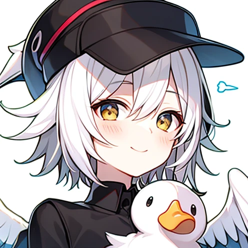 boy with white hair and black hat wearing duck, [[[[Smile]]]],