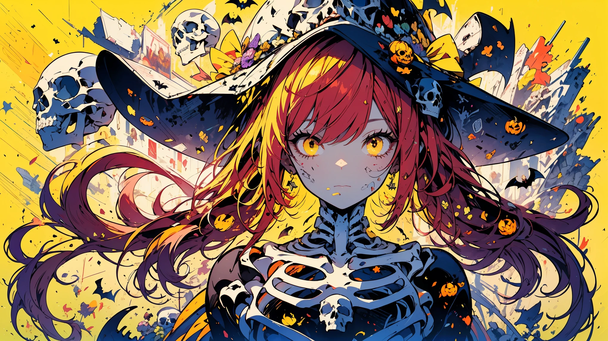 masterpiece, concept art, Halloween theme, cowboy shot, (1girl), red hair, wavy hair, skeletal flesh, skull, pumpkin, graphic design, epic composition, epic proportion, triadic color pallet, volumetric lighting, trending on pixiv, dribbble inspired, 8k, (yellow background:1.5)