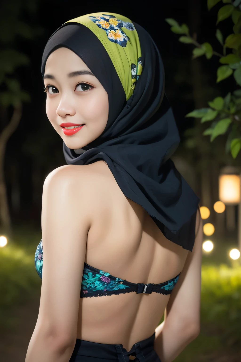 Lace, (Happy smile), (((HIJAB MALAY GIRL))), masutepiece, High quality, UHD 32K, Realistic face, Realistic skin feeling , A Japanese Lady, 8 years old, , Very cute and baby-like face, (((FLAT CHEST))), (Night time at forest), ((look In front  at the camera and SADNESS)), (((FLUORESCENCE))), (((CUTE GIRL))), ((YELLOW LIPS)), ((Floral Pattern)) little wearing strapless bra, strapless colorful bra, dark night horror scary place (from behind up) seductive pose, a very fluorescent green atmosphere 