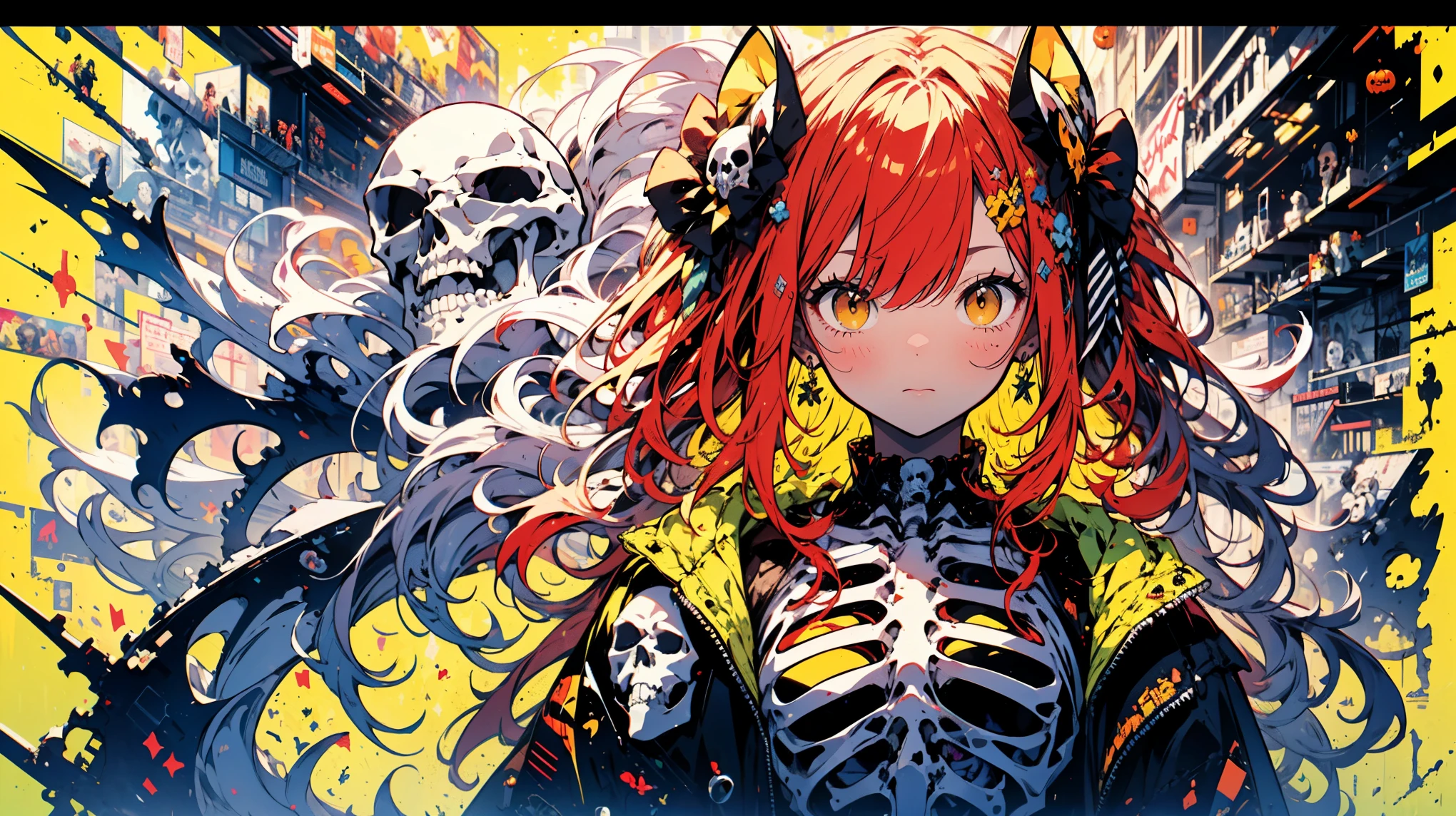 masterpiece, concept art, Halloween theme, cowboy shot, (1girl), red hair, wavy hair, skeletal flesh, skull, pumpkin, graphic design, epic composition, epic proportion, triadic color pallet, volumetric lighting, trending on pixiv, dribbble inspired, 8k, (yellow background:1.5)