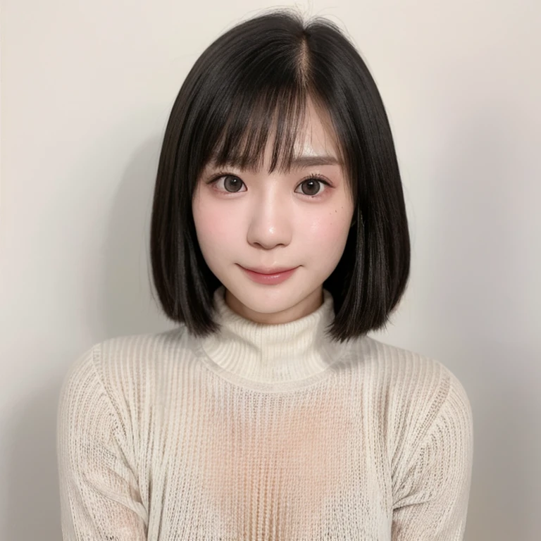 (kawaii 24 year-old Japanese girl, Nogizaka idol, Korean idol), (glossy black hair, chignon, bangs:1.3), (deep black eyes, rounded face, single eyelid, no makeup, soft smiling:1.2), (wearing heavy weight turtleneck knitted sweater:1.3), (extra small breasts:0.9), (facing straight at camera:1.2), BREAK, (simple white background, yearbook background:1.3), (id photo, bust shot, view from straight forward:1.3), BREAK, (masterpiece, best quality, photo realistic, official art:1.4), (UHD, 8K quality wallpaper, high resolution, raw photo, golden ratio:1.3), (shiny skin), professional lighting, physically based rendering, award winning, (highly detailed skin, extremely detailed face and eyes), Carl Zeiss 85 mm F/1.4, depth of field, 1girl, solo,