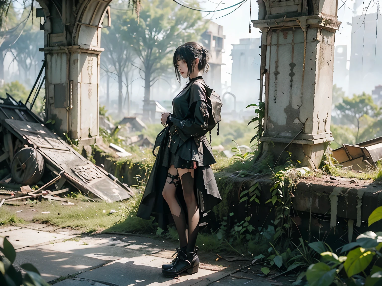 full body, 
minimum, harmony, aesthetic, fantastic scene, Calm silence, 
(Dystopia, in Ruins:1.4), Vegetation covers the walls and floors of the ruins., 
Sunlight shines through the trees onto the ruins.、
Girl standing and calming down, 
24-years-old, slender, Medium Hair, bangs, (Gothic_Punk:1.2), 
masterpiece, best quality, RAW Photos, photorealistic, depth of field,
candytt
