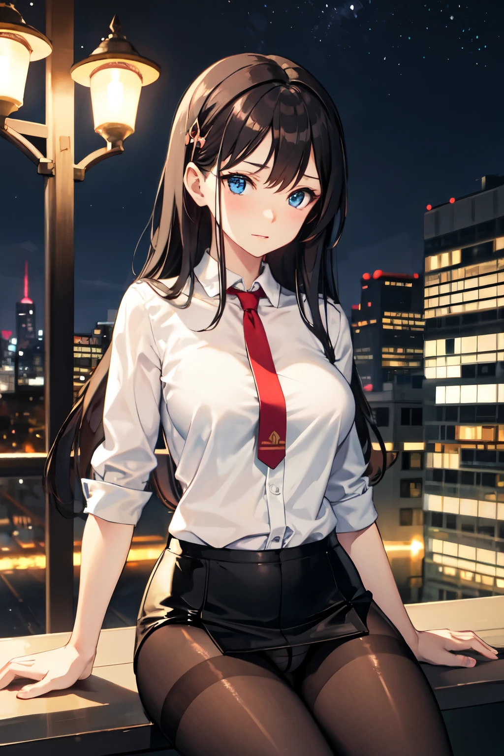 masterpiece, best quality, wallpaper, 1girl, long hair, black hair, sky blue eyes, hair accessories, cute, innocent, blouse, no pants, pantyhose, stockings, 35 years old female, innocent, safe for work, wholesome, city streets, night, no undergarment visible, no panty, only wearing pantyhose, mature face, mature body, medium breast, sitting, front view, embarrassed face,